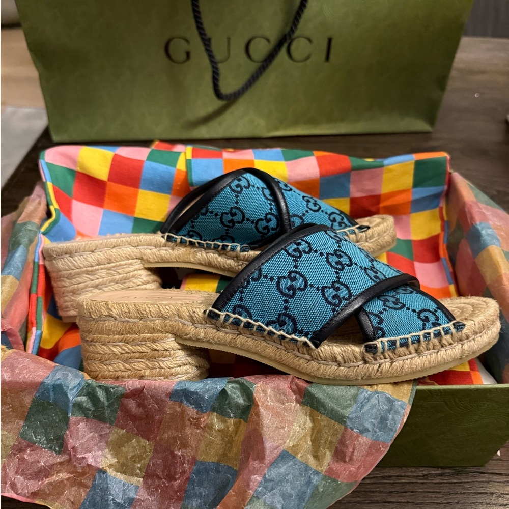 Gucci Logo Canvas Platform Heels- Like New!